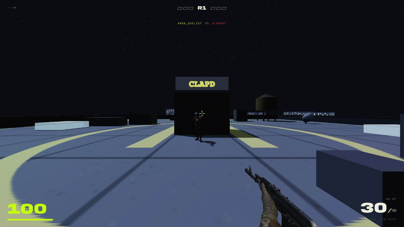 CLAPD gameplay, penthouse rooftop duel at night